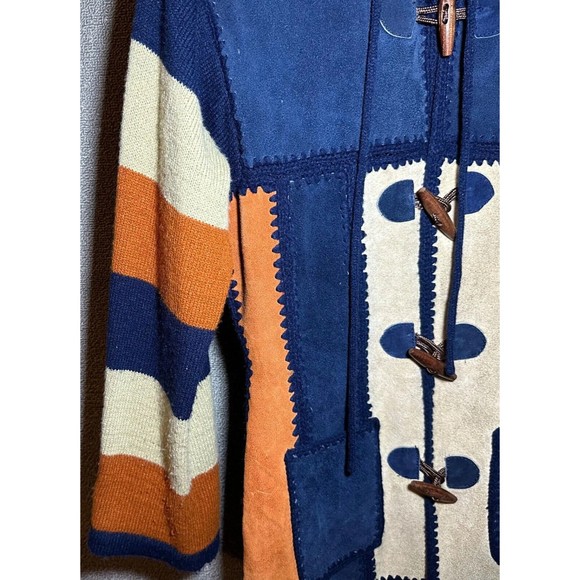 Vintage Women`s Small Leather Acrylic Indian Aztec Navy Blue Jacket w/ Hood - Picture 9 of 10